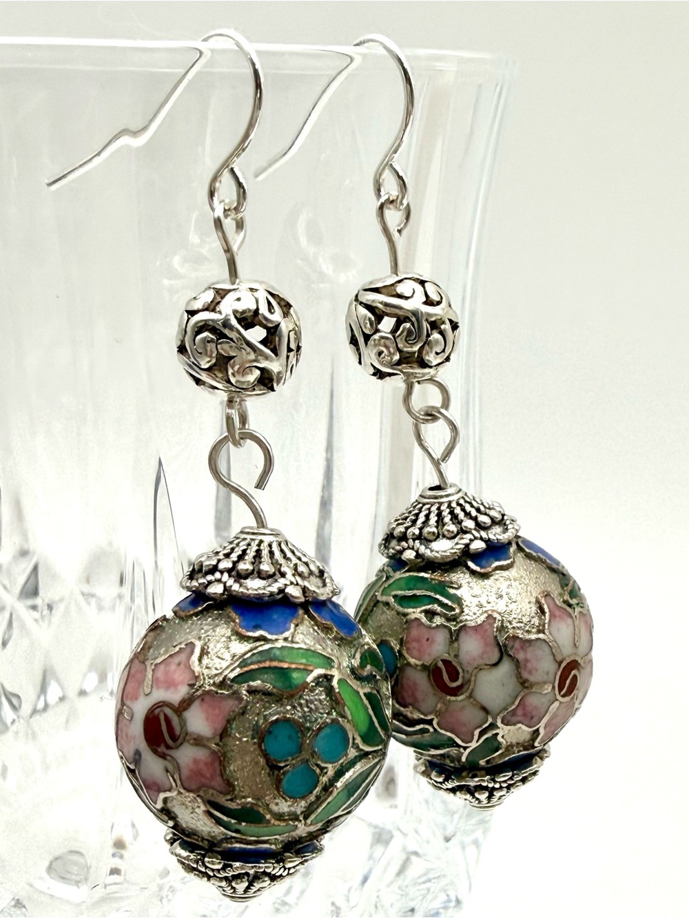 Rare-Silver Tone Cloisonné Floral Drop Earrings - Silver with Pink, Blue & Green